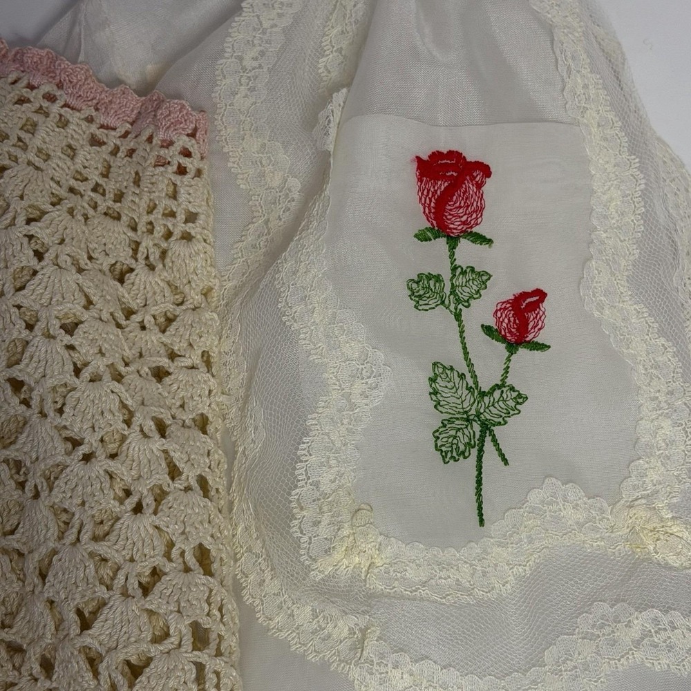 Vintage Cottagecore Apron Set Crochet Lace Embroidered Rose Sheer Hostess